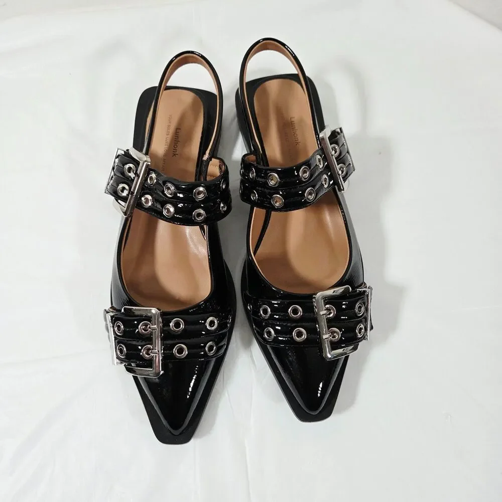Women's Black Slingback Pointed Toe Ballet Flats Buckle Dress Shoes Size 8.5